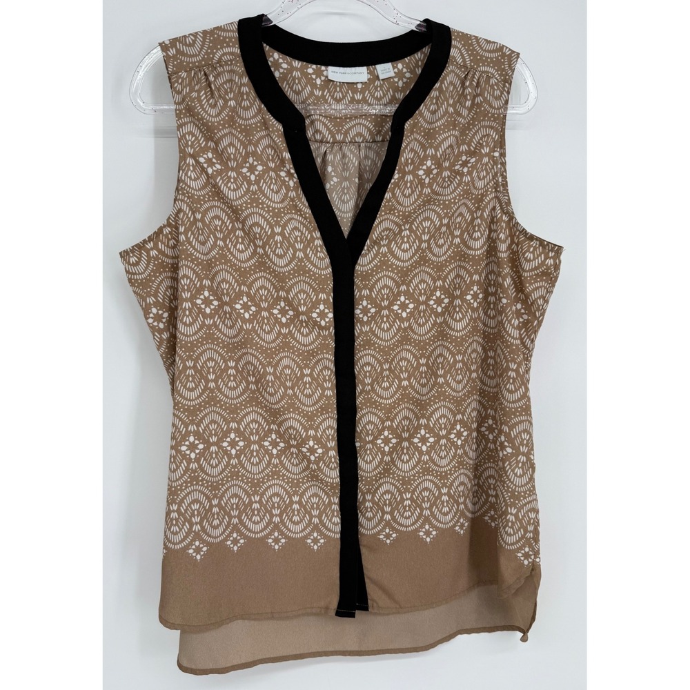 New York & Company Womens Tan Black Geometric Sleeveless V-Neck Blouse Sz L